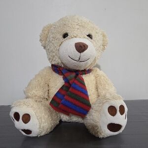Adorable Cream Teddy Bear with Striped Scarf